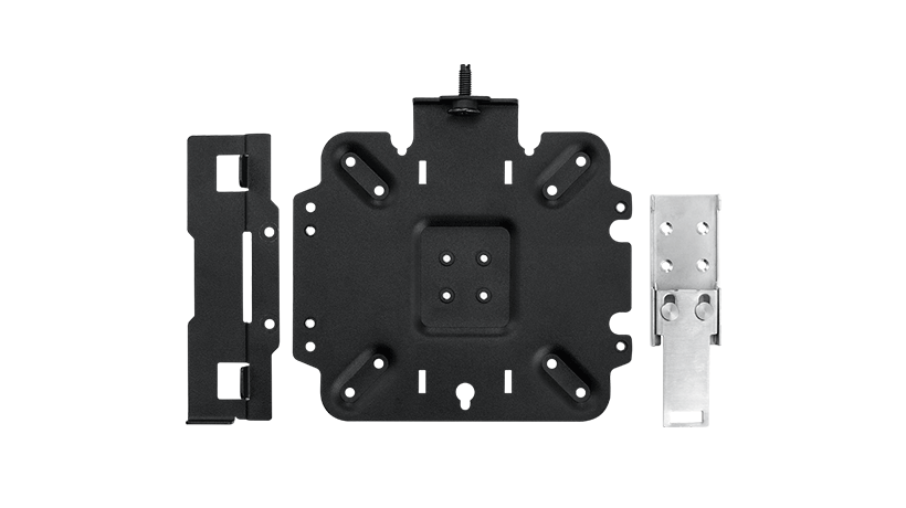 The mounting kit includes an all-in-one bracket, power adapter bracket, and DIN rail kit, enabling UBX-330M wall, VESA, pole, and DIN rail mounting.